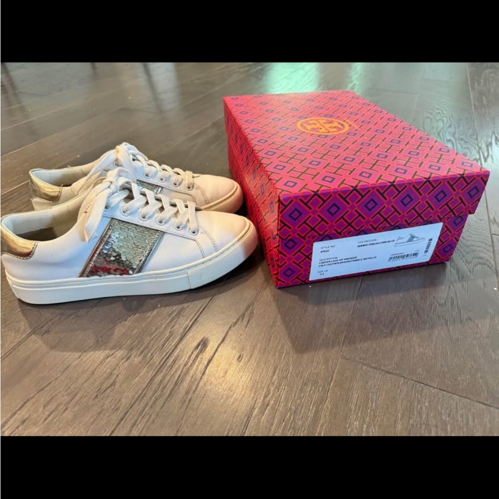 Tory Burch Cream Sneakers with Gold and Red Details